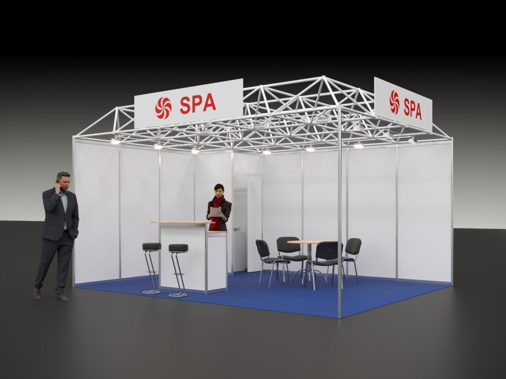 3D Visualisierung Messestand Typ S04 Eckstand mit Sitzgruppe und Deckenkonstruktion
