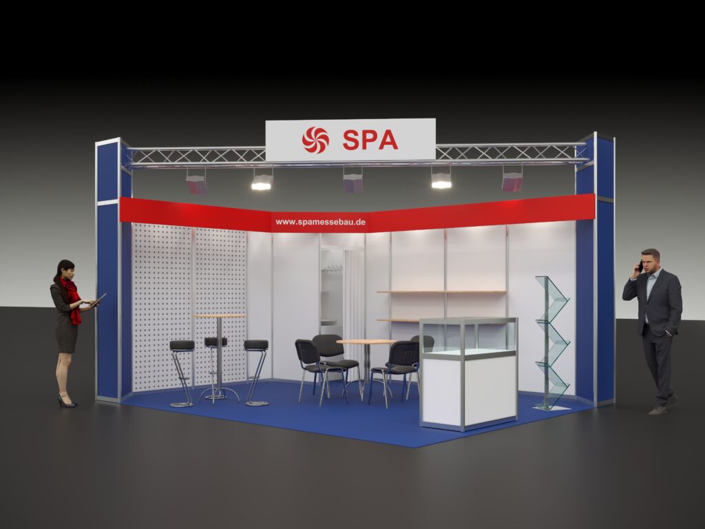 3D Visualisierung Messestand Typ S06 mit Truss Lichtschiene als Eckstand mit Möbeln, Prospektständer, Vitrine und Sitzgruppe