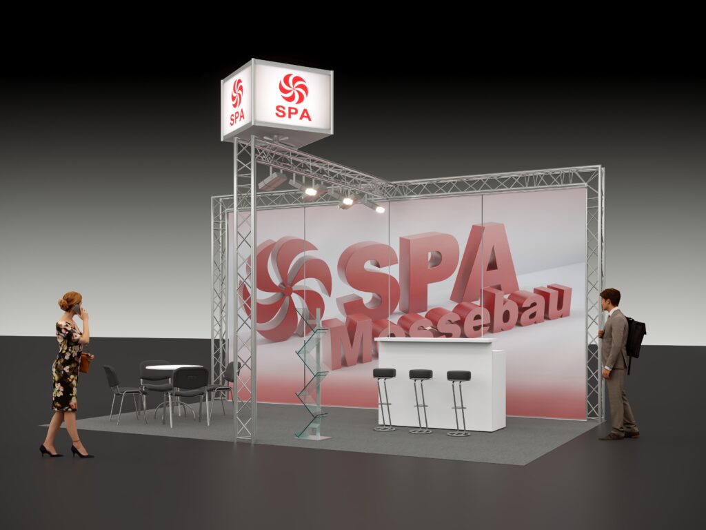 3D Visualisierung Messestand Typ S10 mit Truss Lichtschiene und beleuchtetem Drehwürfel als Kopfstand mit Möbeln, Infotheke, Prospektständer und Sitzgruppe