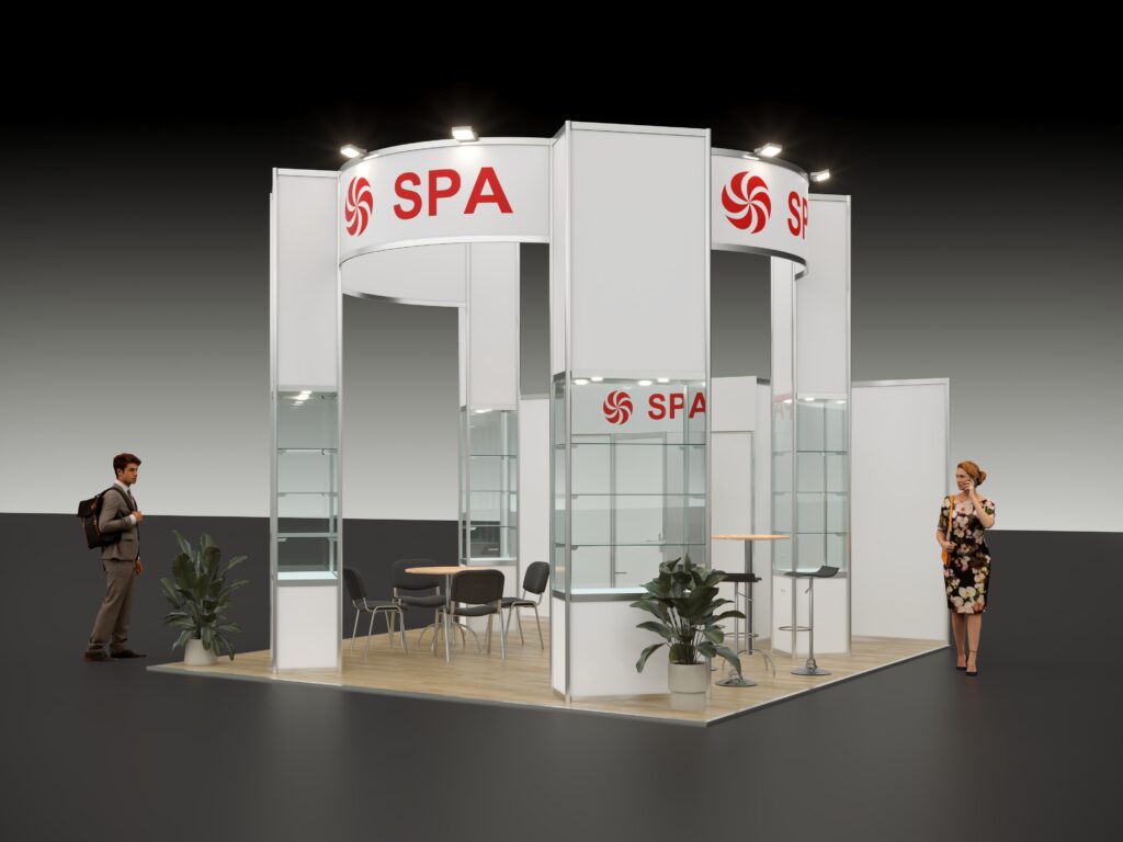 3D Visualisierung Messestand Typ S13 mit runder Deckenkonstruktion mit Hochvitrinen als Inselstand mit Möbeln, Infotheke, Vitrine, Prospektständer und Sitzgruppe