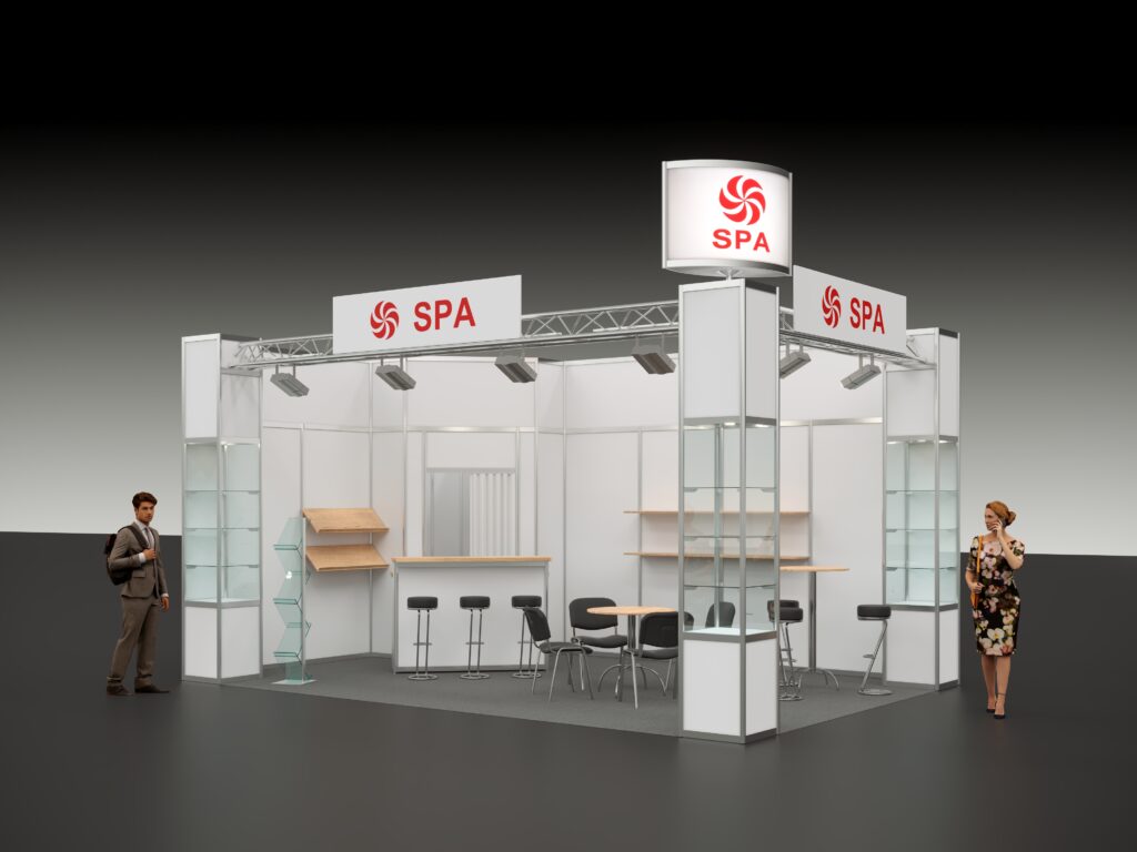 3D Visualisierung Messestand Typ S15 aus Hartfaserelementen und Truss Lichtschiene und Kabine als Eckstand mit Möbeln, Infotheke, Hochvitrinen und Sitzgruppe