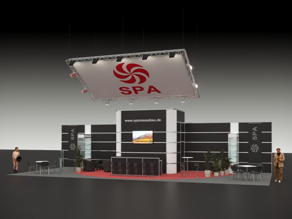 3D Visualisierung Messestand Typ S21 aus Hartfaserelementen mit Logo-Banner Deckenkonstruktion als Kopfstand mit Infotheke, Vitrinen, LCD-Bildschirm, Prospektständer und Sitzmöbeln