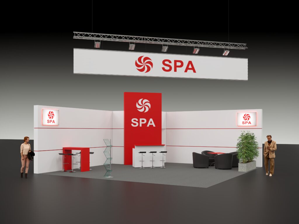 3D Visualisierung Messestand Typ S20 aus Hartfaserelementen mit Logo-Banner Deckenkonstruktion als Eckstand mit Infotheke, Vitrinen, LCD-Bildschirm, Prospektständer und Sitzmöbeln